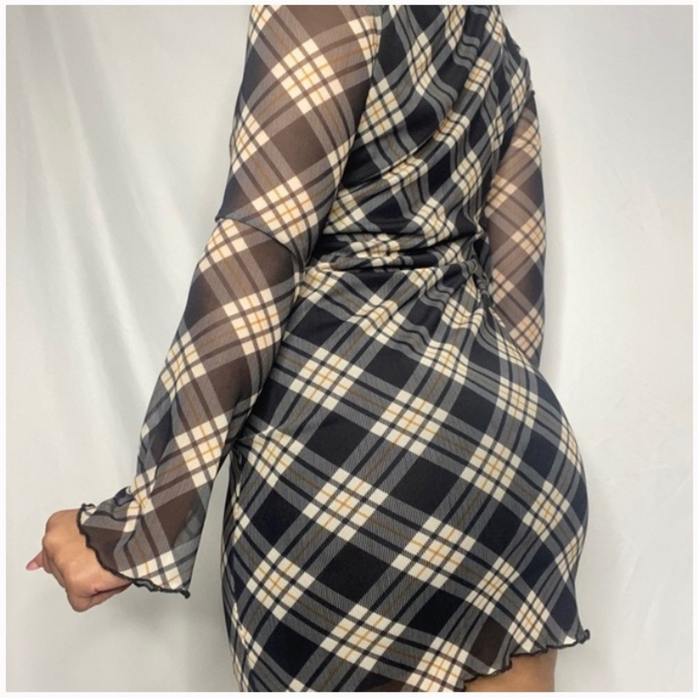 Primark Y2K Plaid Bodycon Mesh Mini Dress Empire Waist Flare Sleeves Size 4 - Picture 2 of 11